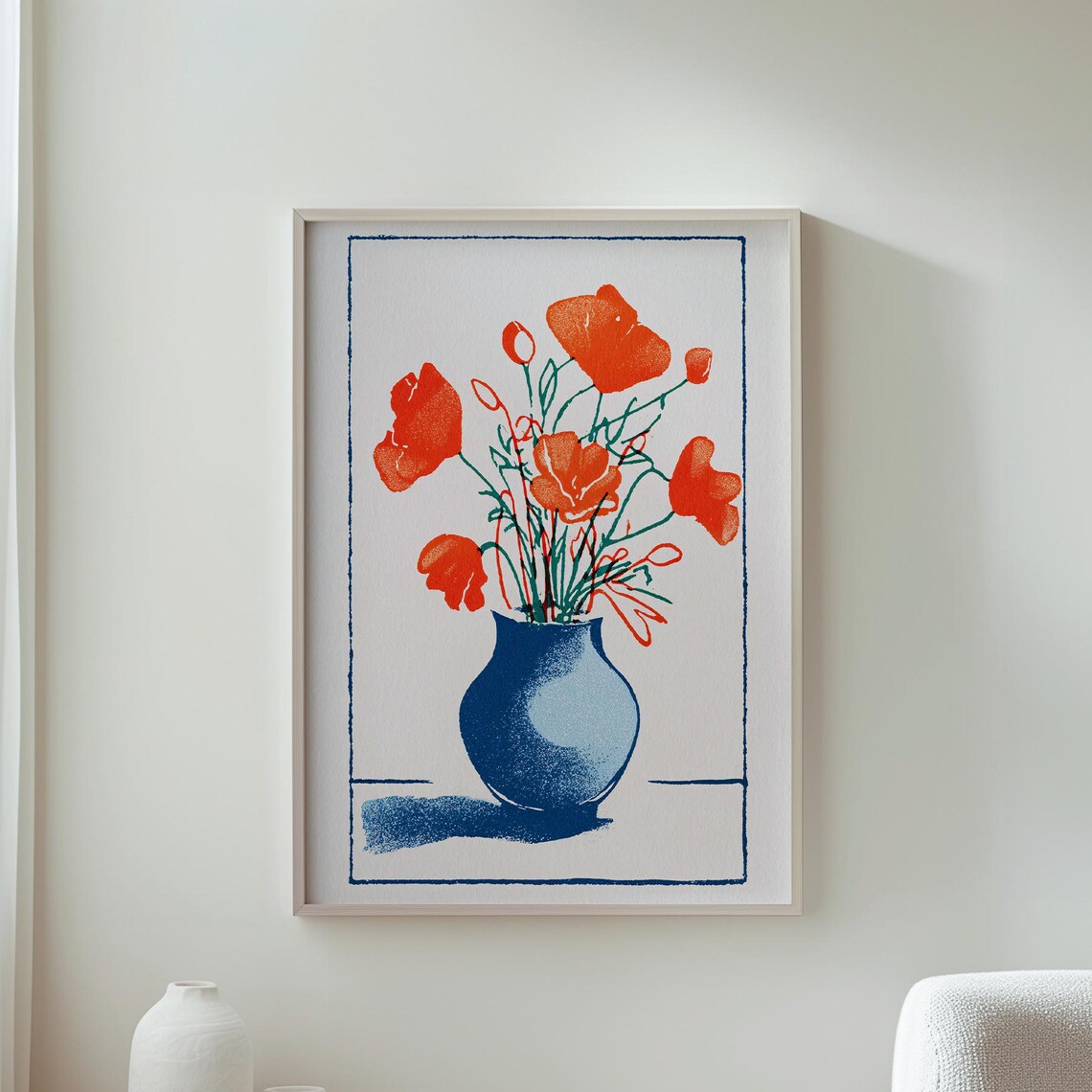 Red Poppies In Blue Vase Floral Watercolor Illustration Art Print