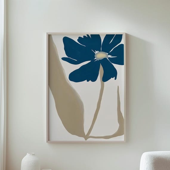 Blue Abstract Flower Minimalist Art Floral Wall Decor Modern Home Botanical Poster Print