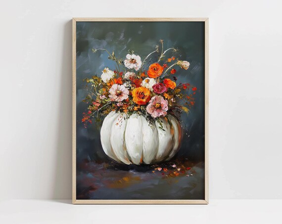 Vintage Floral Pumpkin Wall Art Fall Home Decor Halloween Painting Autumn