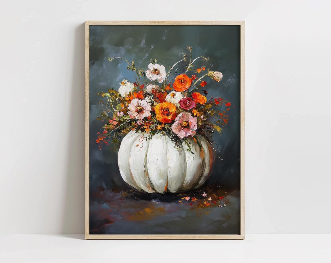 White Pumpkin Vase Fall Flowers Oil Painting Autumn Still Life Poster