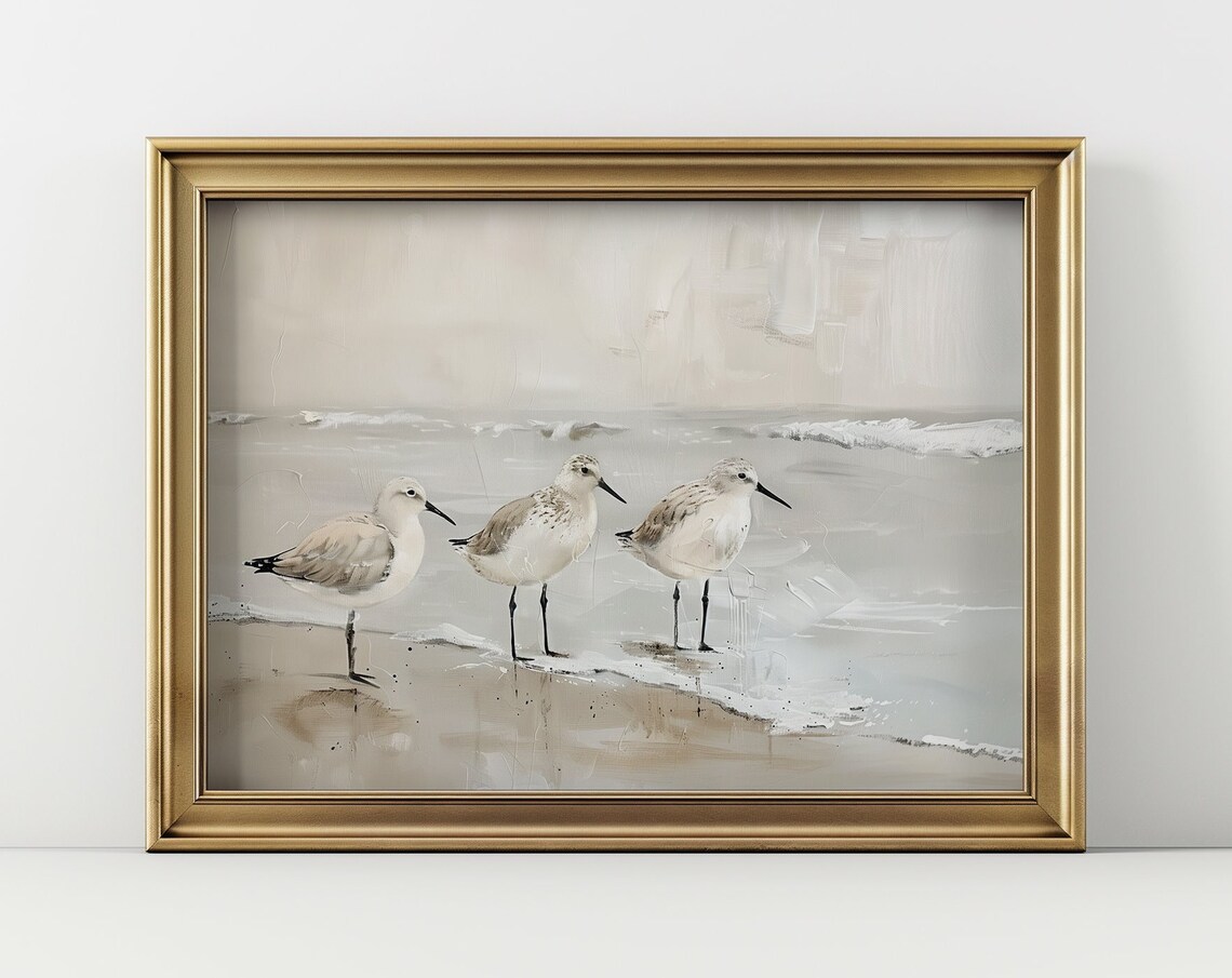 Three Sandpipers on Beach Muted Coastal Bird Painting Poster