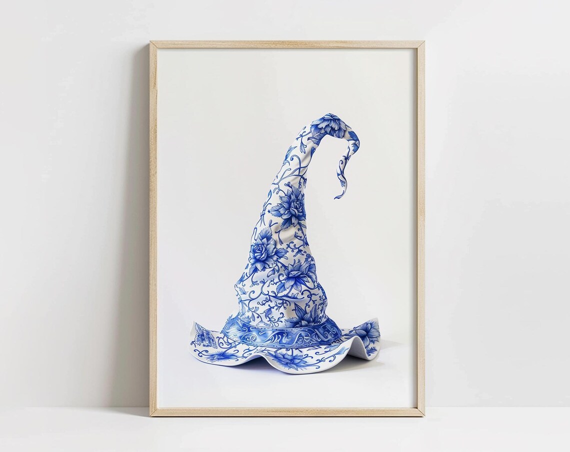 Blue Floral Witch Hat Halloween Art Print