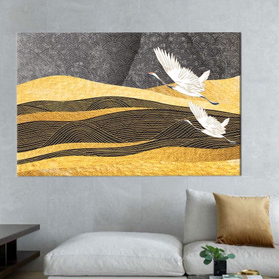 Two Storks Flying Art Canvas Yellow Pattern Modern Decor Bridesmaid Gifts Personalized Gift Box