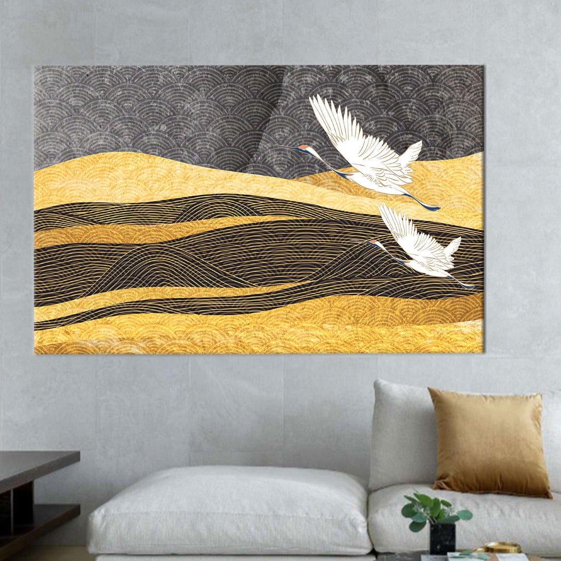 Two Storks Flying Art Canvas Yellow Pattern Modern Decor Bridesmaid Gifts Personalized Gift Box