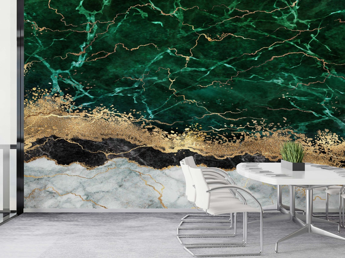 Emerald Green Marble With Gold Veins Modern Wall Mural Poster