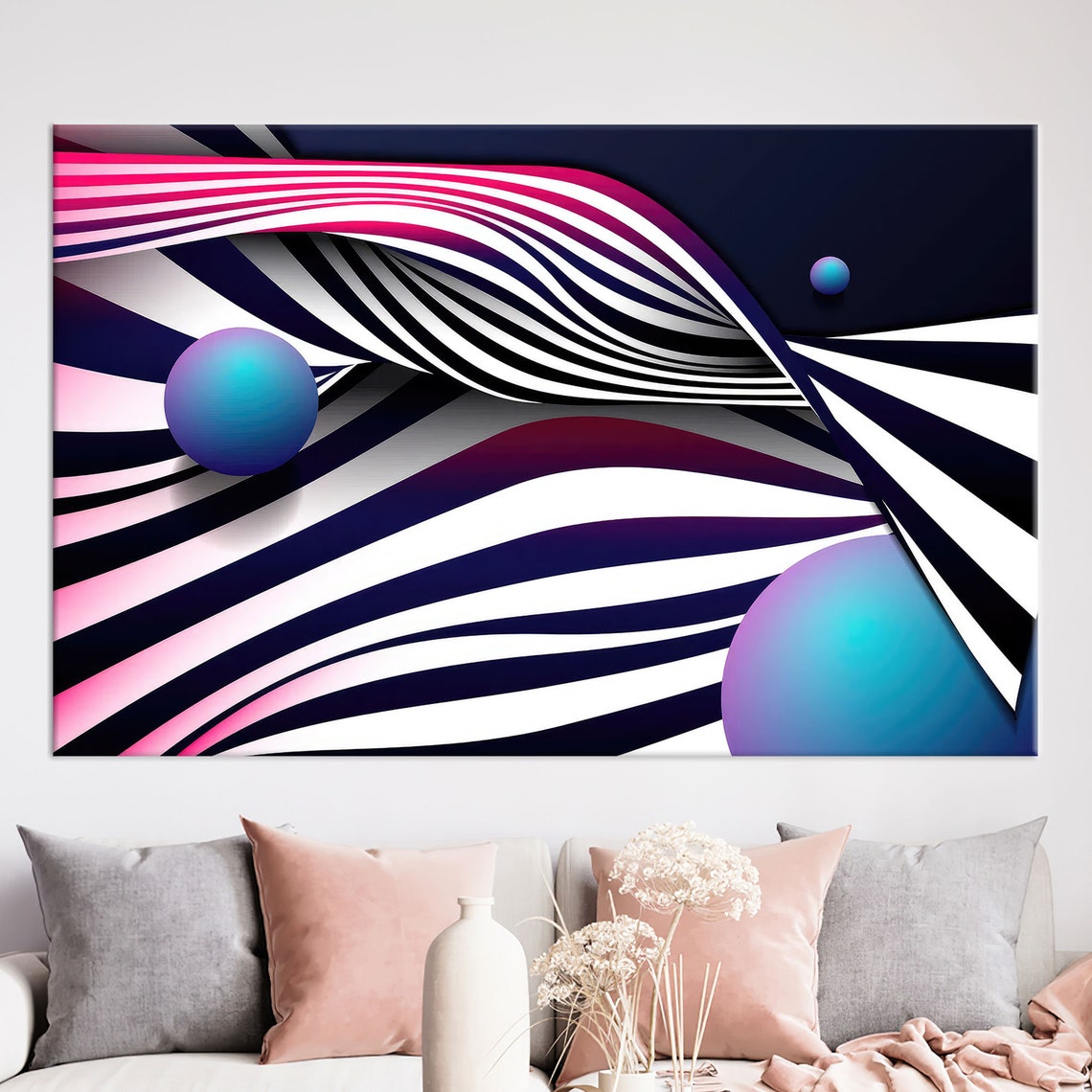 Op Art Swirling Stripes Blue Pink Orb Modern Abstract Wall Art