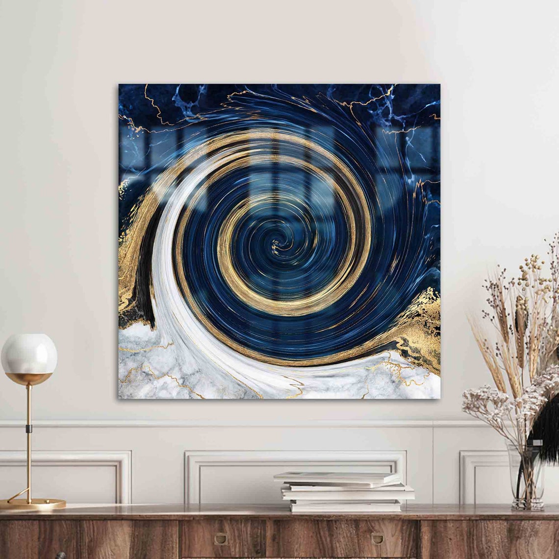 Blue Marble Gold Swirl Abstract Luxury Wall Art for Living Room