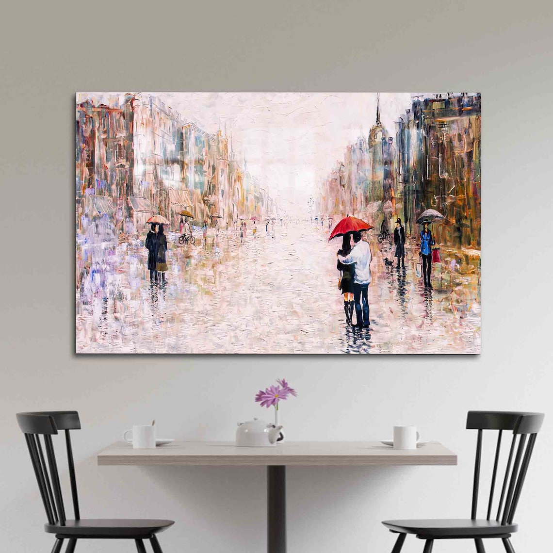 Couple Sharing Red Umbrella Rainy City Street Impressionist Painting Poster