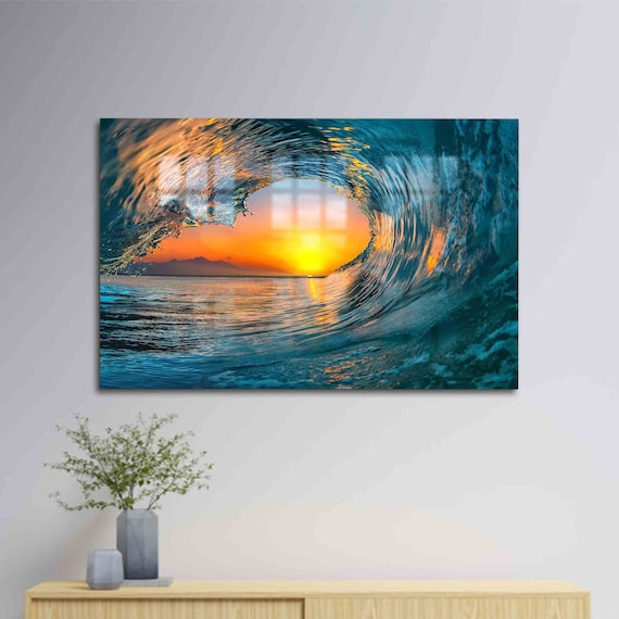 Ocean Wave Barrel Sunset View Through Wave Surf Photography Poster