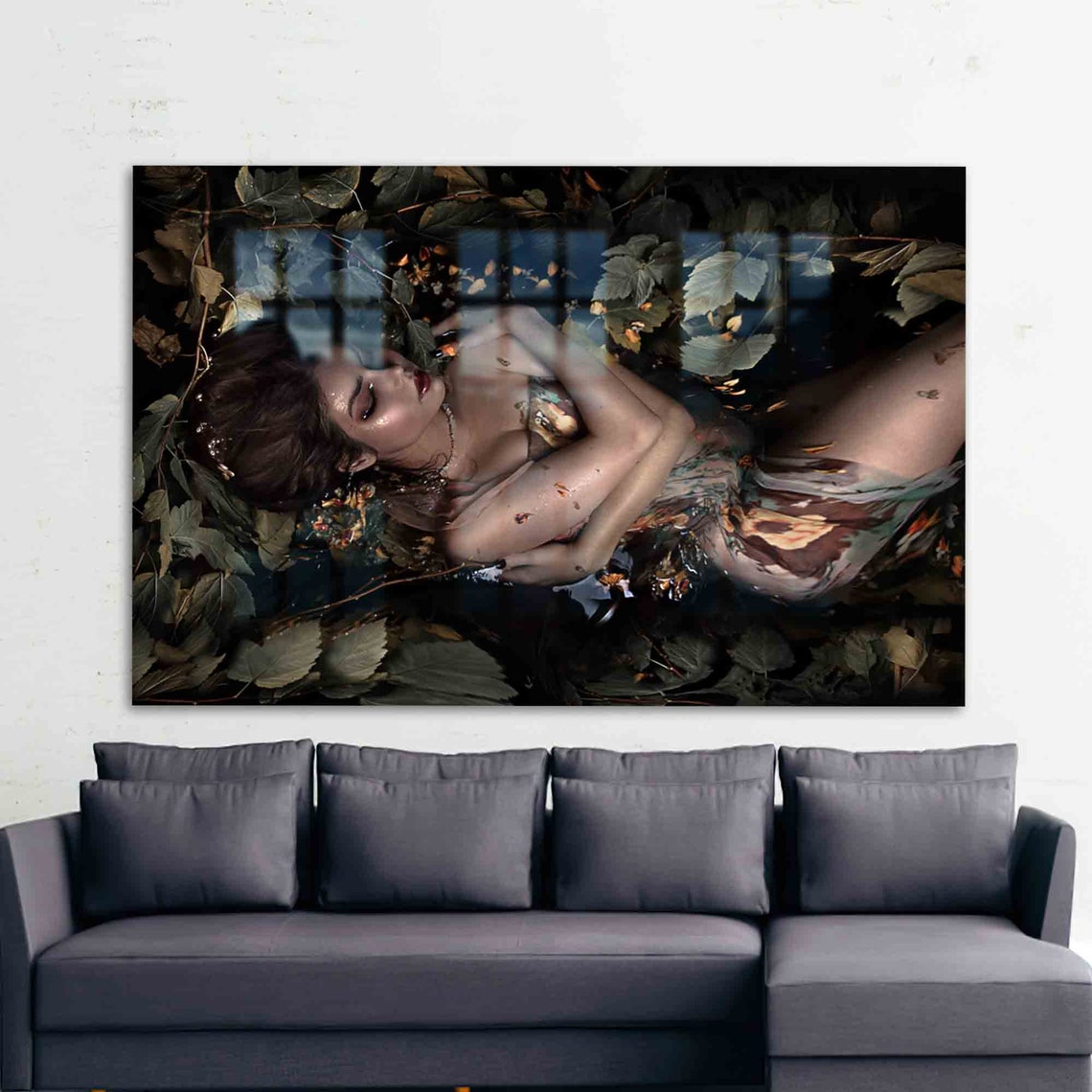 Woman Lying Among Autumn Leaves Underwater Dreamy Photo Poster