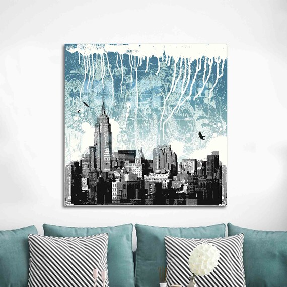 New York City Skyline Empire State Building Teal Pop Art Dripping Paint Poster