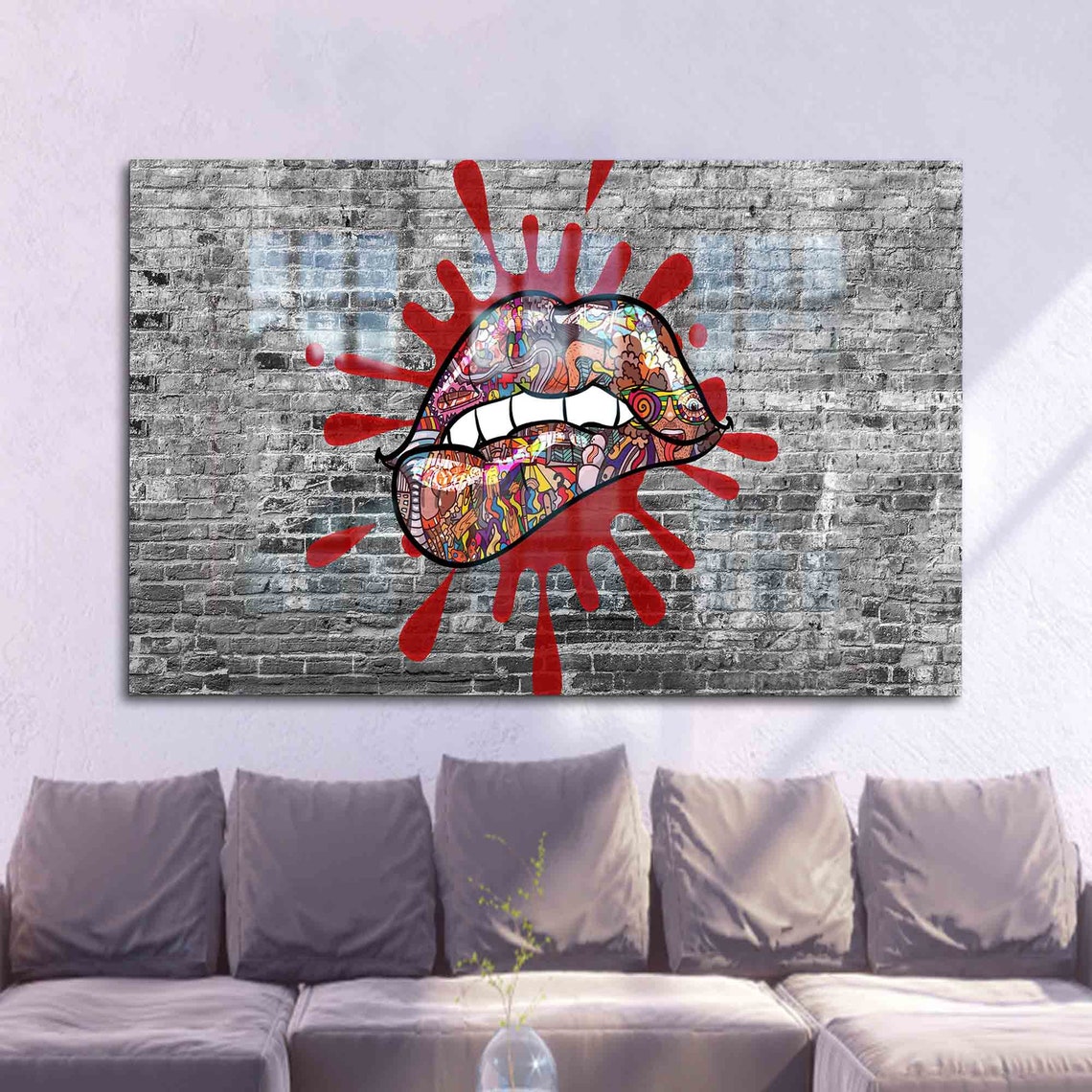Graffiti Lips Pop Art Doodle Red Splatter On Brick Wall Poster