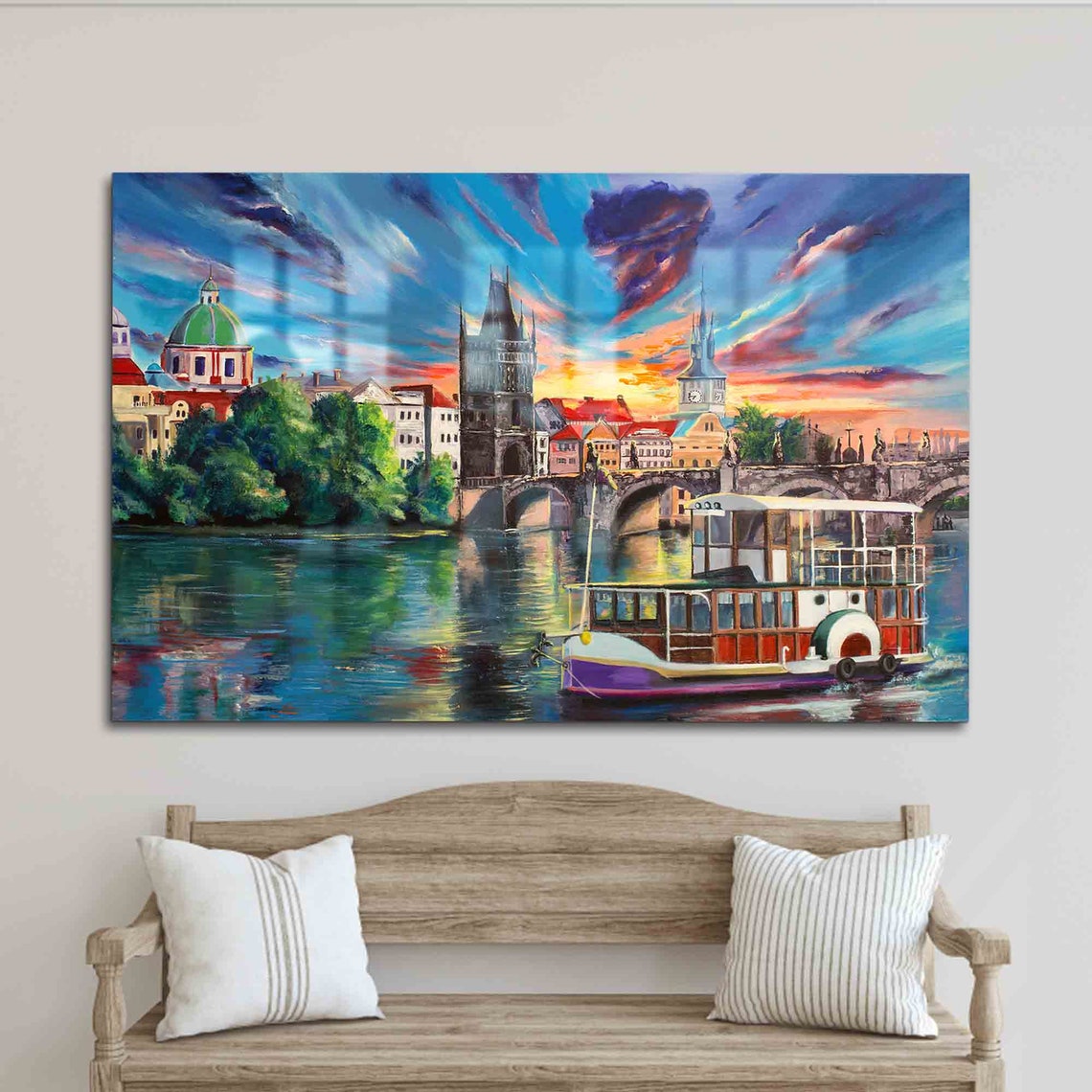 Prague Charles Bridge Sunset River Boat Cityscape Wall Art View