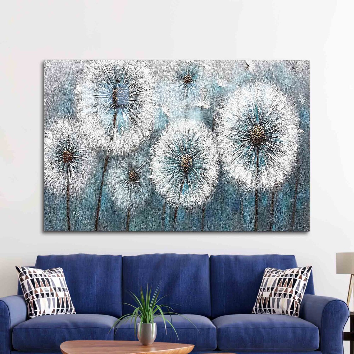 Dandelion Seeds Teal Blue Painting Floral Wish Artwork Wall Art
