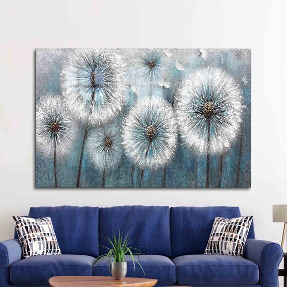 Dandelion Seeds Teal Blue Painting Floral Wish Artwork Wall Art