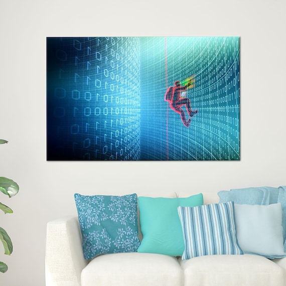 Rock Climber Scaling Binary Code Wall Cyber Digital Art Office Poster