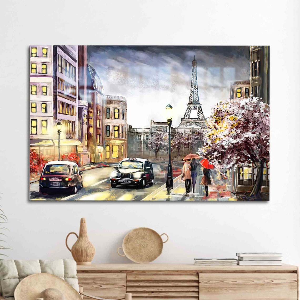 Rainy Paris Street Eiffel Tower Couple With Umbrellas Classic Taxi Poster