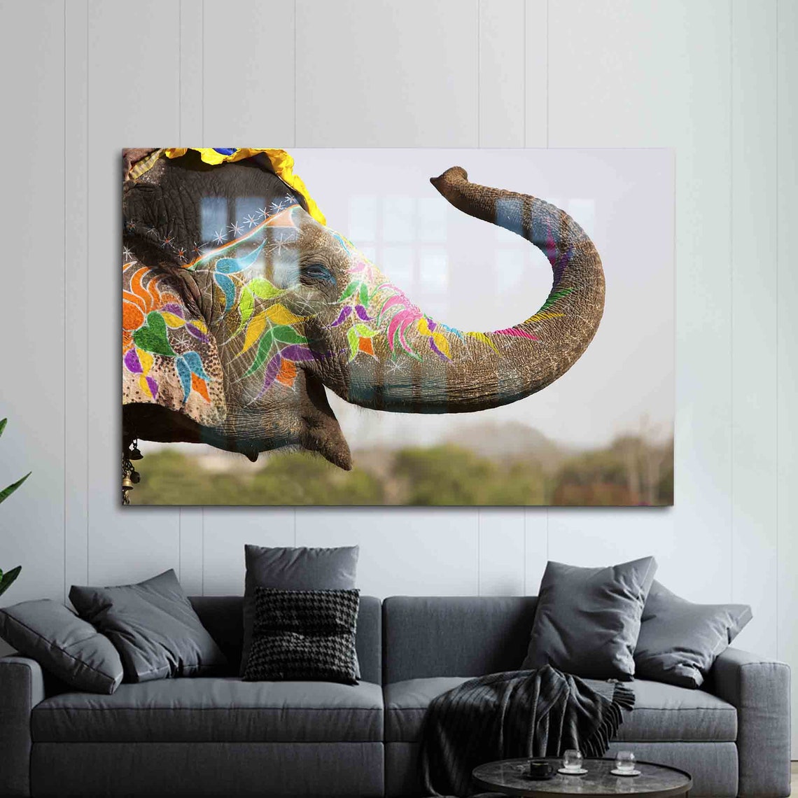 Decorated Elephant Jaipur Festival Painted Trunk Glass Art Poster