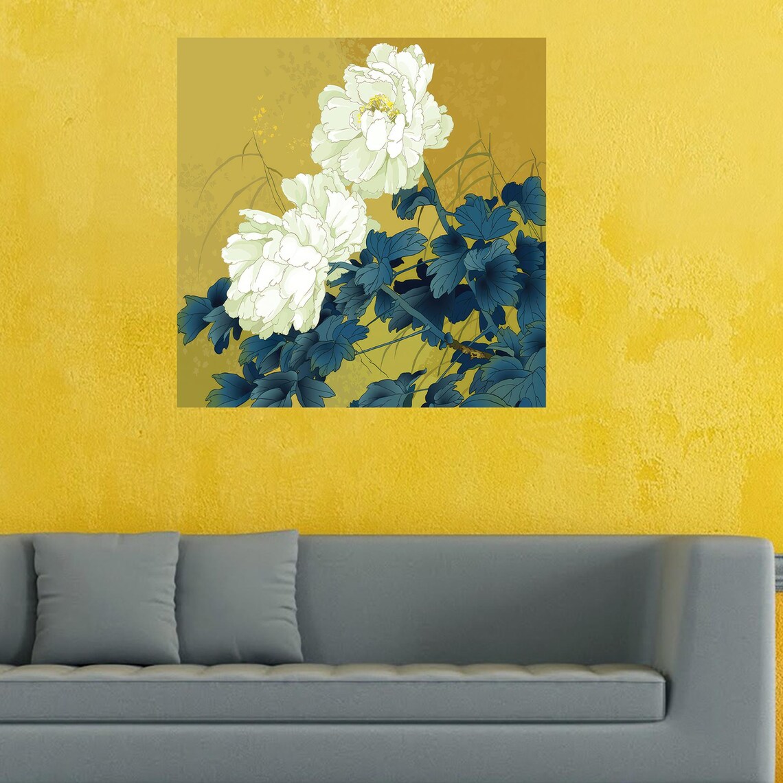 White Peony Japanese Floral Art Gold Background Canvas Poster
