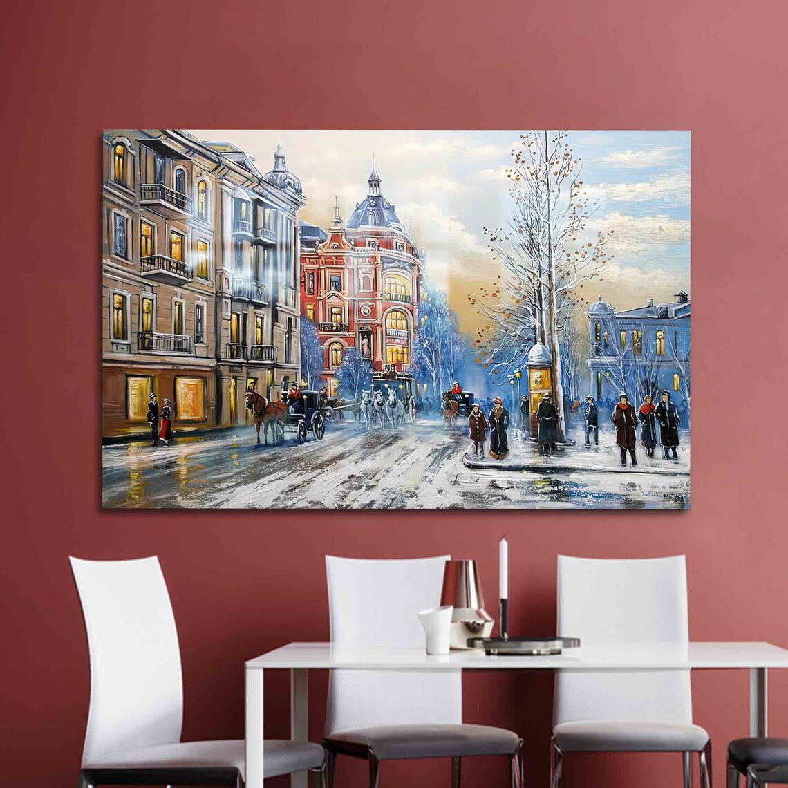 Vintage Snowy City Street Winter Horse Carriage Painting Poster