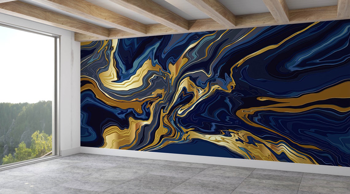 Navy And Gold Marble Abstract Luxury Swirl Wall Mural Poster