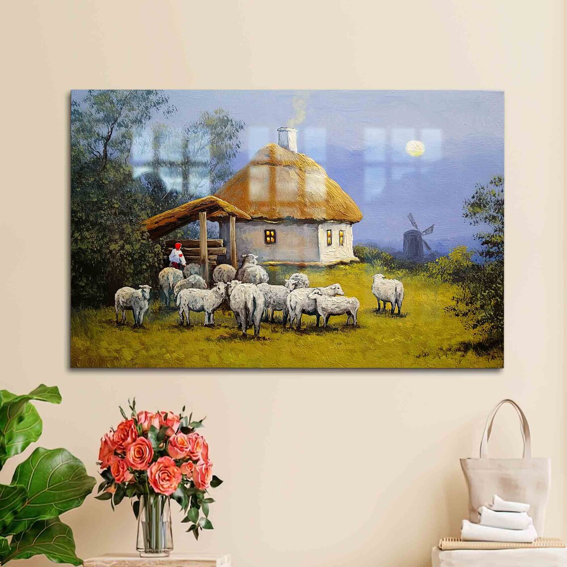Thatched Cottage Sheep Flock Moonlit Pasture Oil Painting Poster