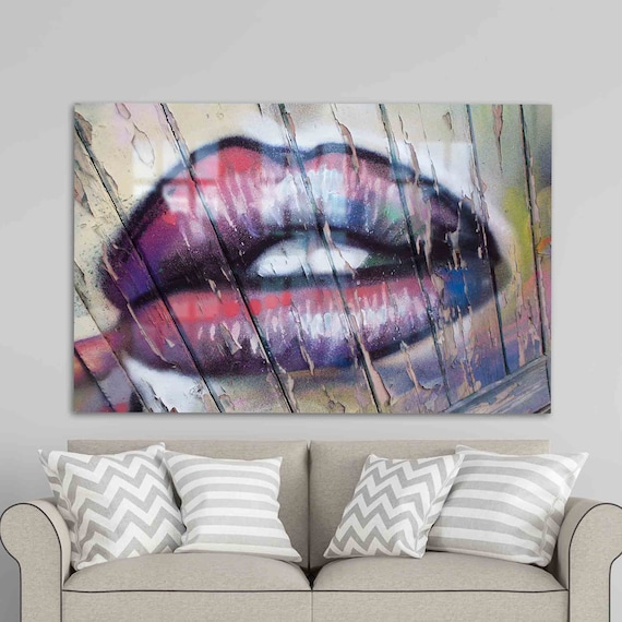 Graffiti Lips on Weathered Wooden Boards Colorful Art Poster