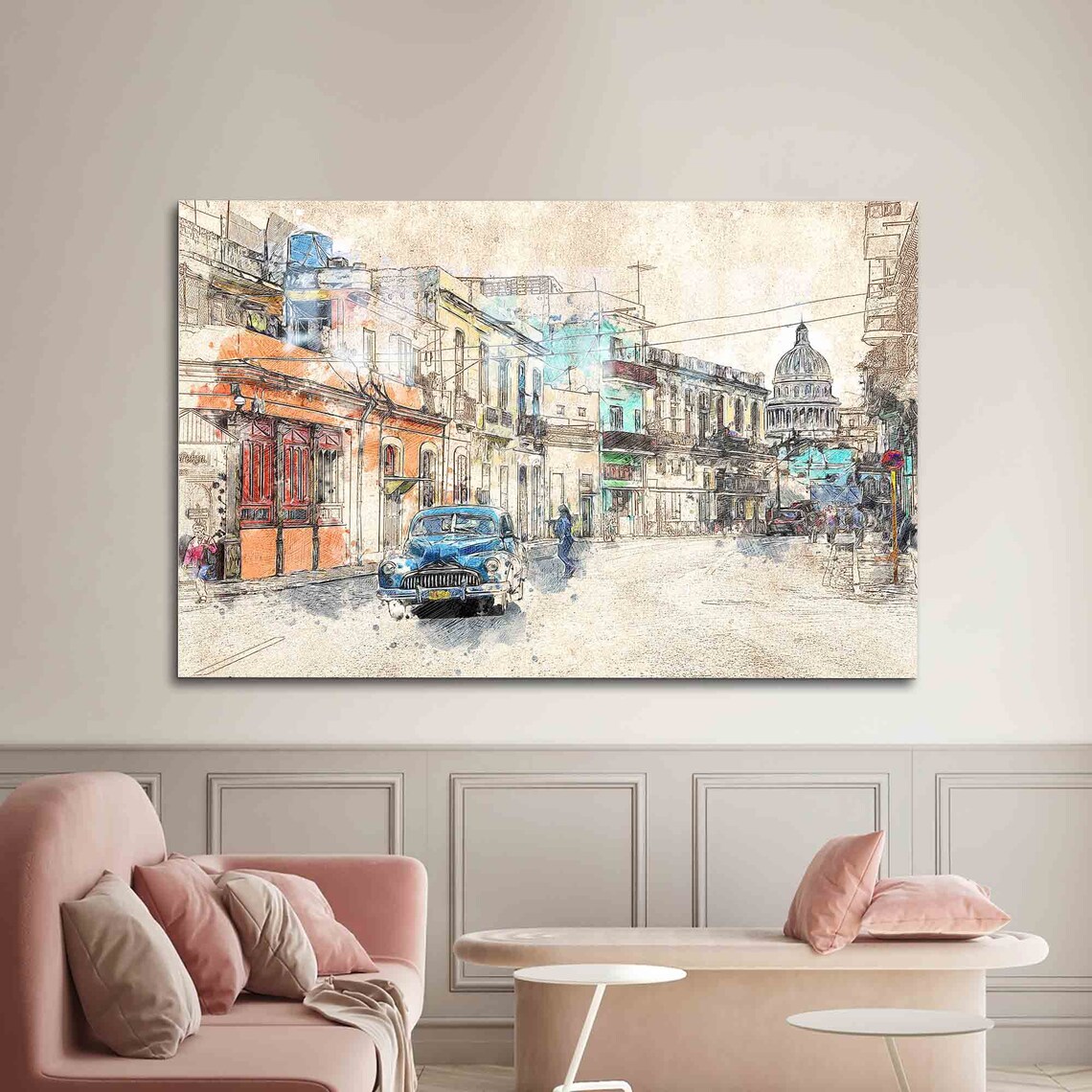Havana Cuba Classic Car Street Capitol Dome Watercolor Poster