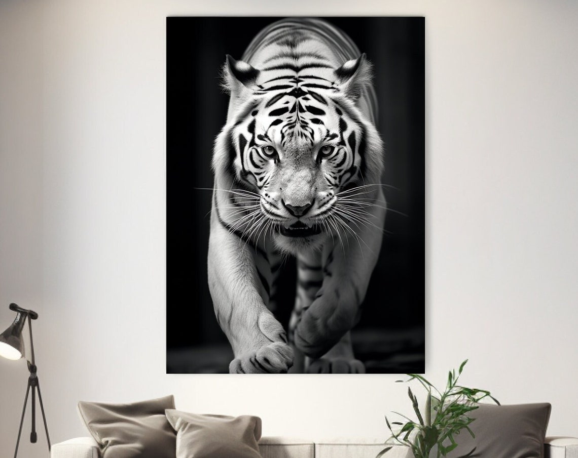 White Tiger Walking Forward Black Background Dramatic Wildlife Poster