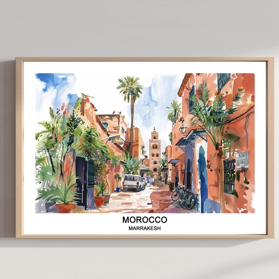 Morocco Marrakesh Medina Watercolor Old Town Street Travel Poster