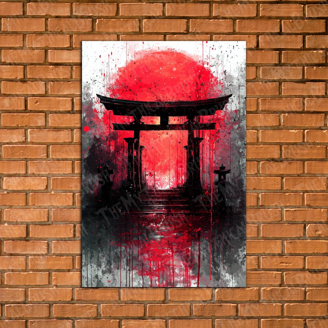 Japanese Torii Gate Red Sun Dripping Watercolor Style Poster