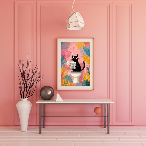 Funny Black Cat Bathroom Wall Art Tropical Decor Whimsical Toilet Colorful Animal Poster Lover