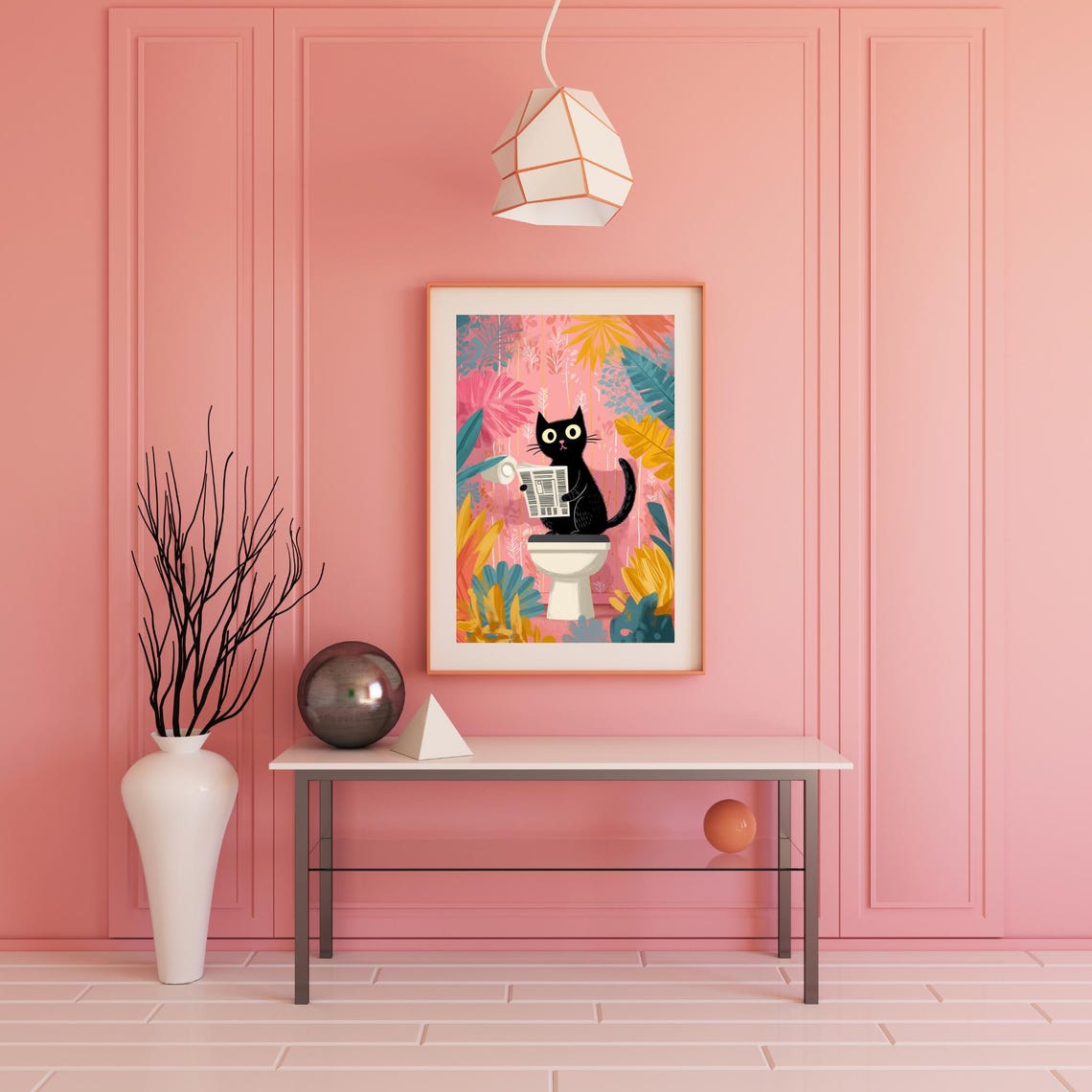 Funny Black Cat Reading Newspaper on the Toilet Bathroom Poster