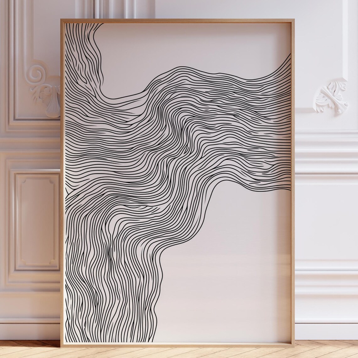 Black Wavy Line Ocean Wave Abstract Minimalist Mid Century Art Poster