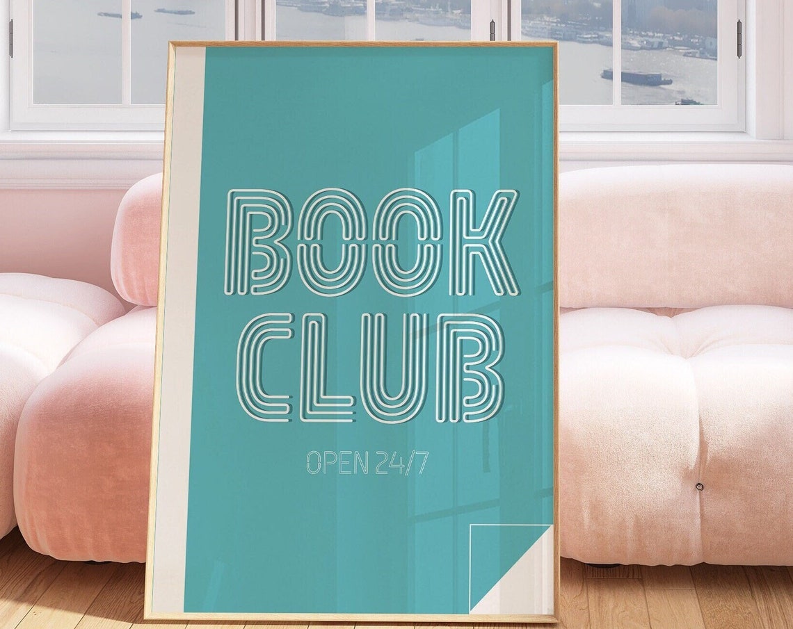 Book Club Open 24-7 Neon Line Lettering Teal Reading Room Poster - Image 2