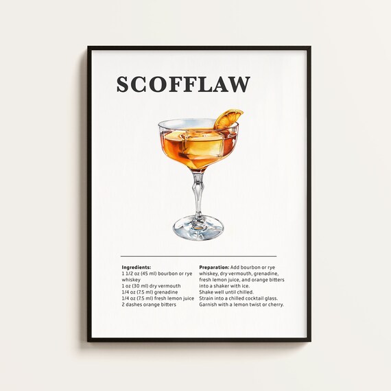 Classic Scofflaw Cocktail Recipe Poster with Orange Coupe Glass