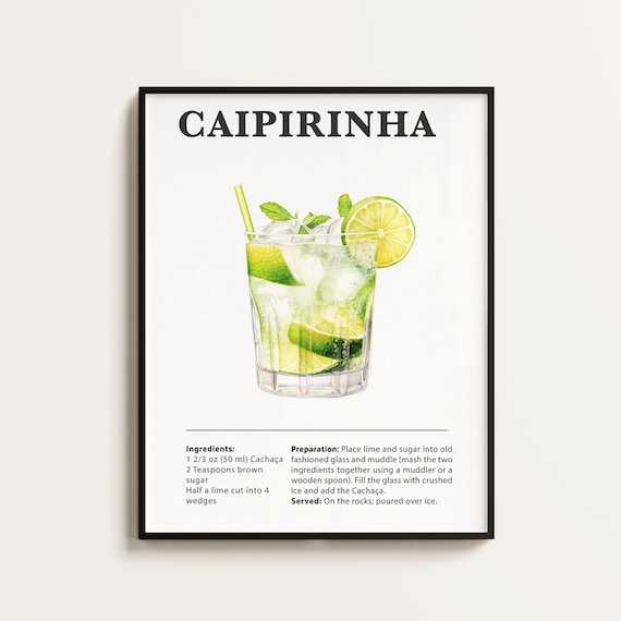 Caipirinha Recipe Cocktail Poster, Bar Kitchen Art