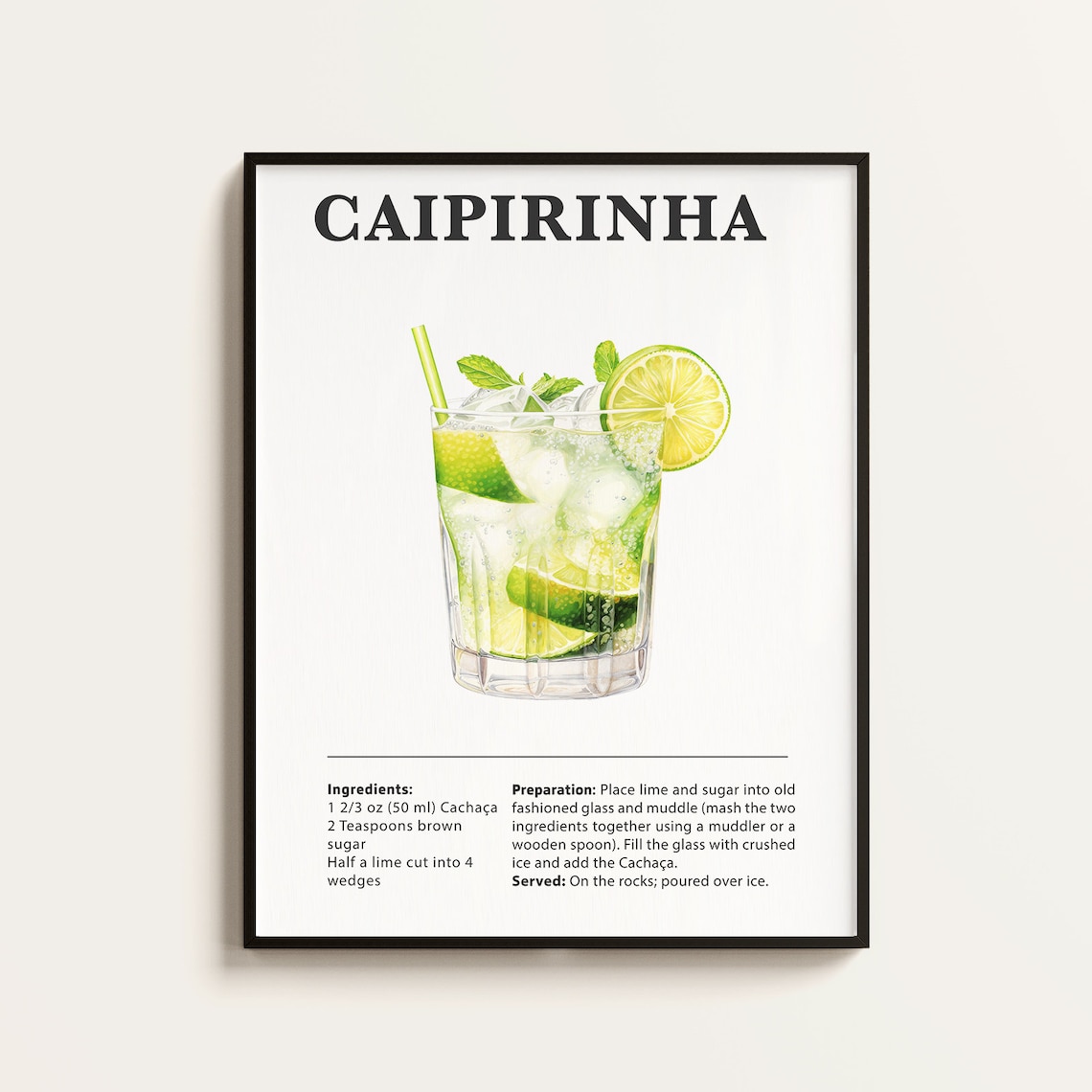 Caipirinha Recipe Cocktail Poster, Bar Kitchen Art