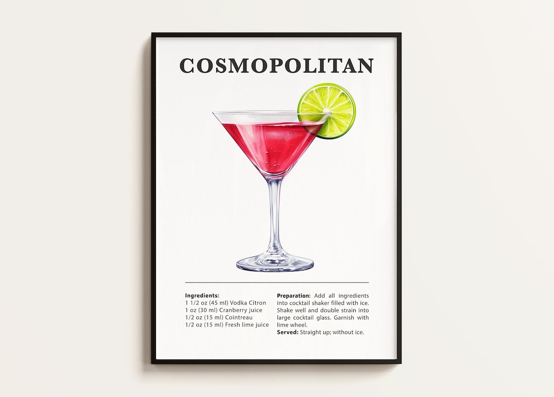 Cosmopolitan Recipe Cocktail Art Print, Bar Kitchen