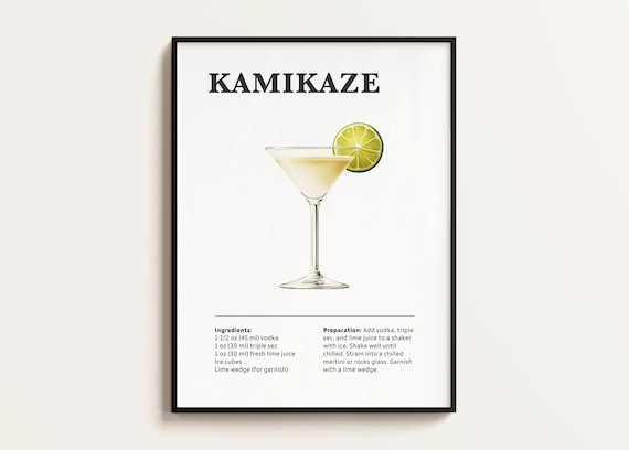 Classic Kamikaze Cocktail Recipe Poster with Lime Martini Glass