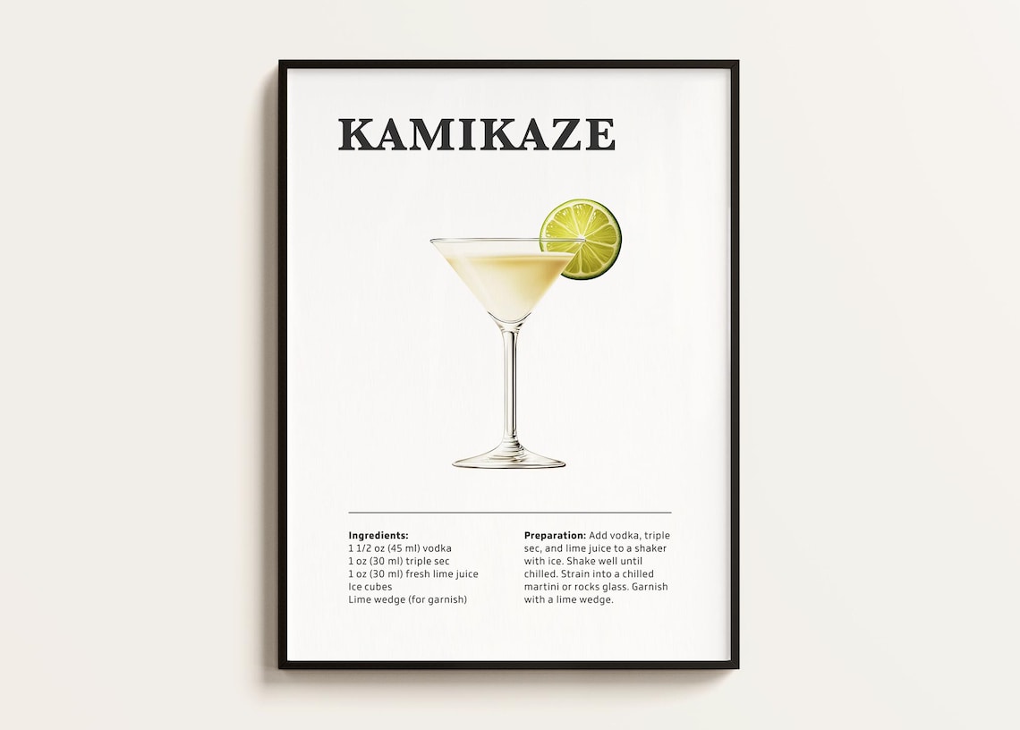 Classic Kamikaze Cocktail Recipe Poster with Lime Martini Glass