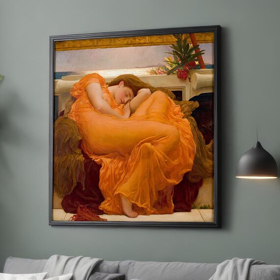 A Masterpiece By Sir Lawrence Alma Tadema Orange Dressed Woman Lying On Sofa Wall Art Print Famous Paintings