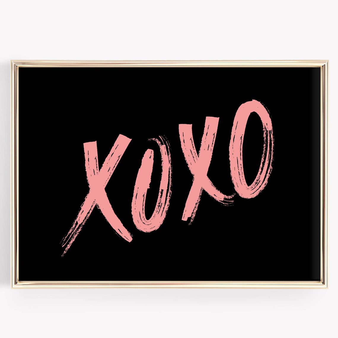 XOXO Pink Brush Script Black Background Valentine Love Wall Art Print
