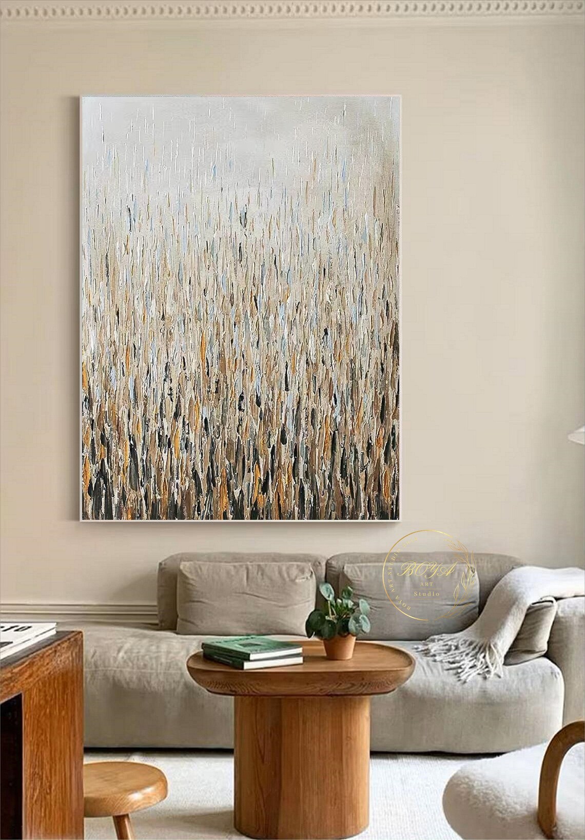 Elegant Beige Gold Vertical Streak Rain Abstract Painting Poster - Image 3