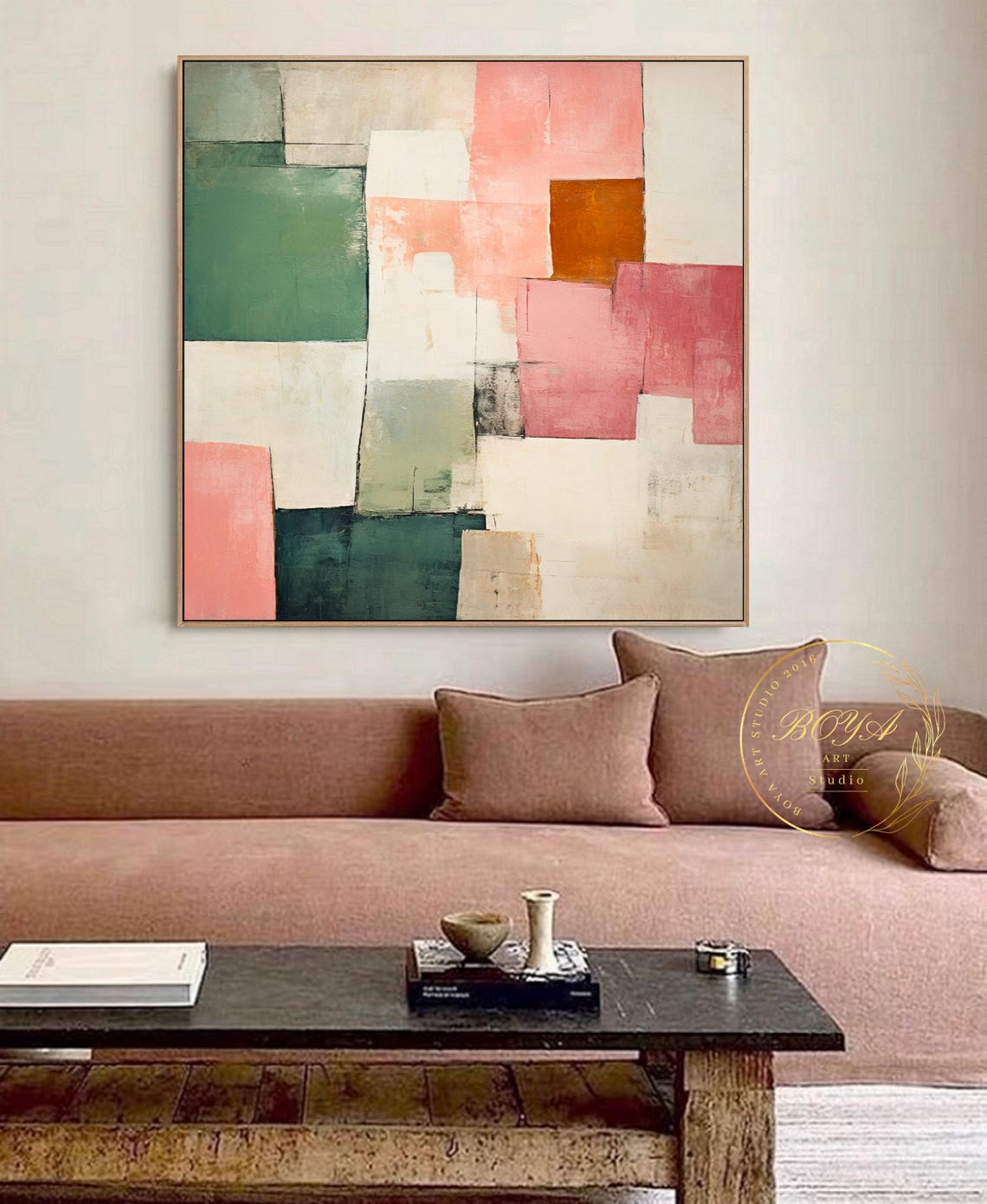 Pink Abstract Painting Large Beige Abstract Art Cream Wall Art Pink Textured Art Green Wall Painting Multicolor Painting Modern Wall Art - Image 2