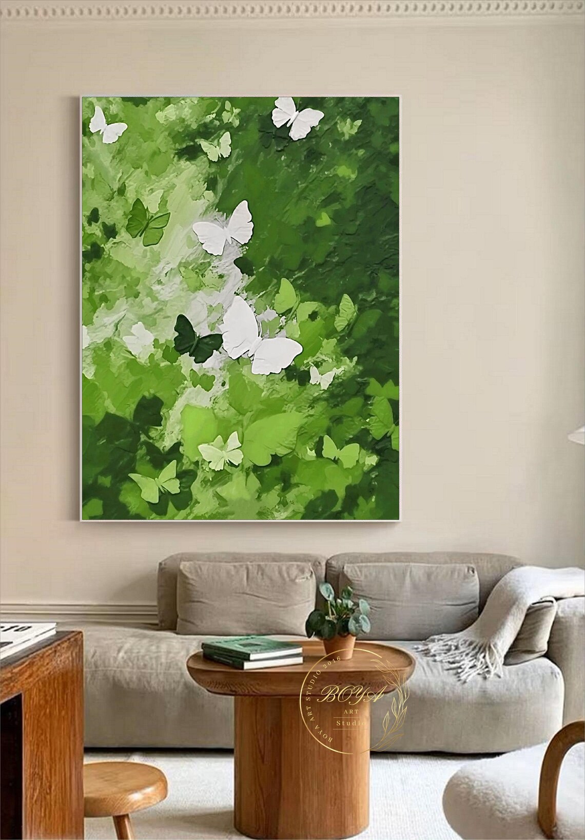 White Butterflies Over Green Foliage Abstract Art Painting Poster - Image 3