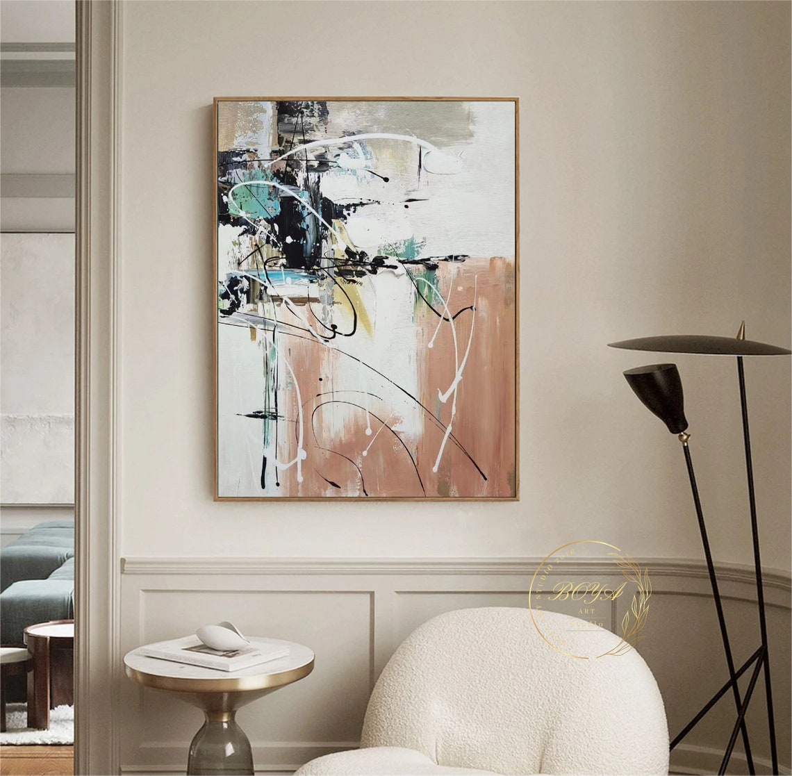 Expressive White Beige with Black Ink Swirls Abstract Art Poster - Image 2