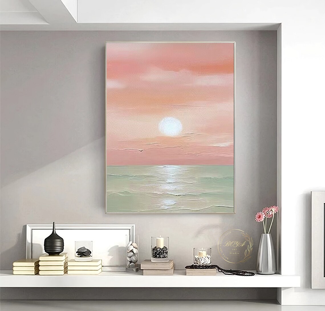 Abstract Seascape, Green Ocean Pink Sky Poster Print - Image 2