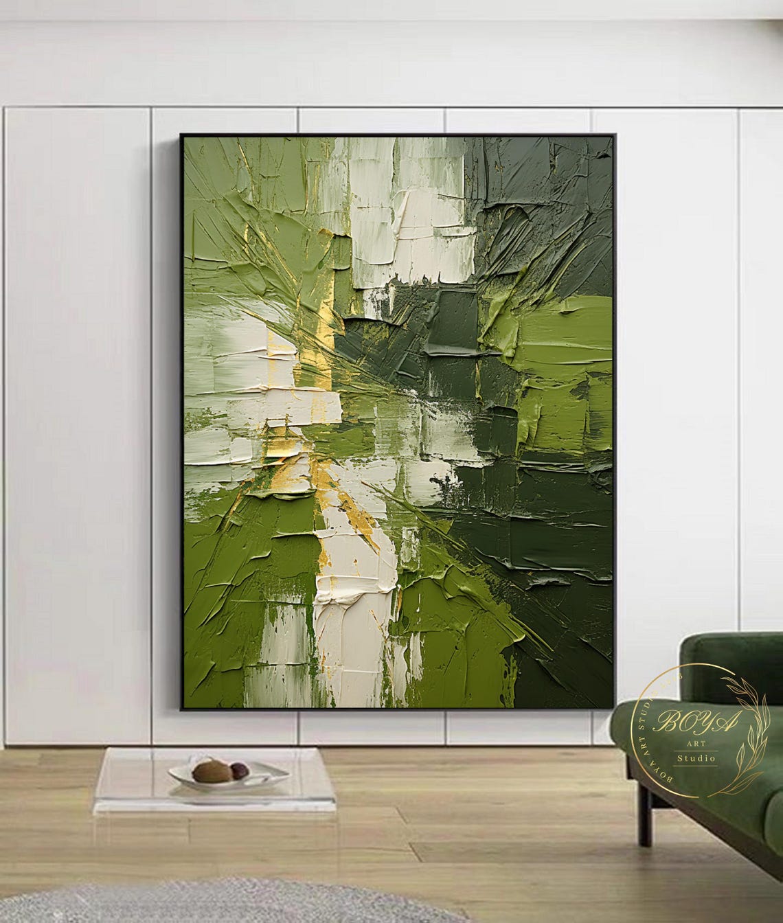 Rich Green Impasto Strokes with Warm Gold Accents Abstract Poster - Image 5