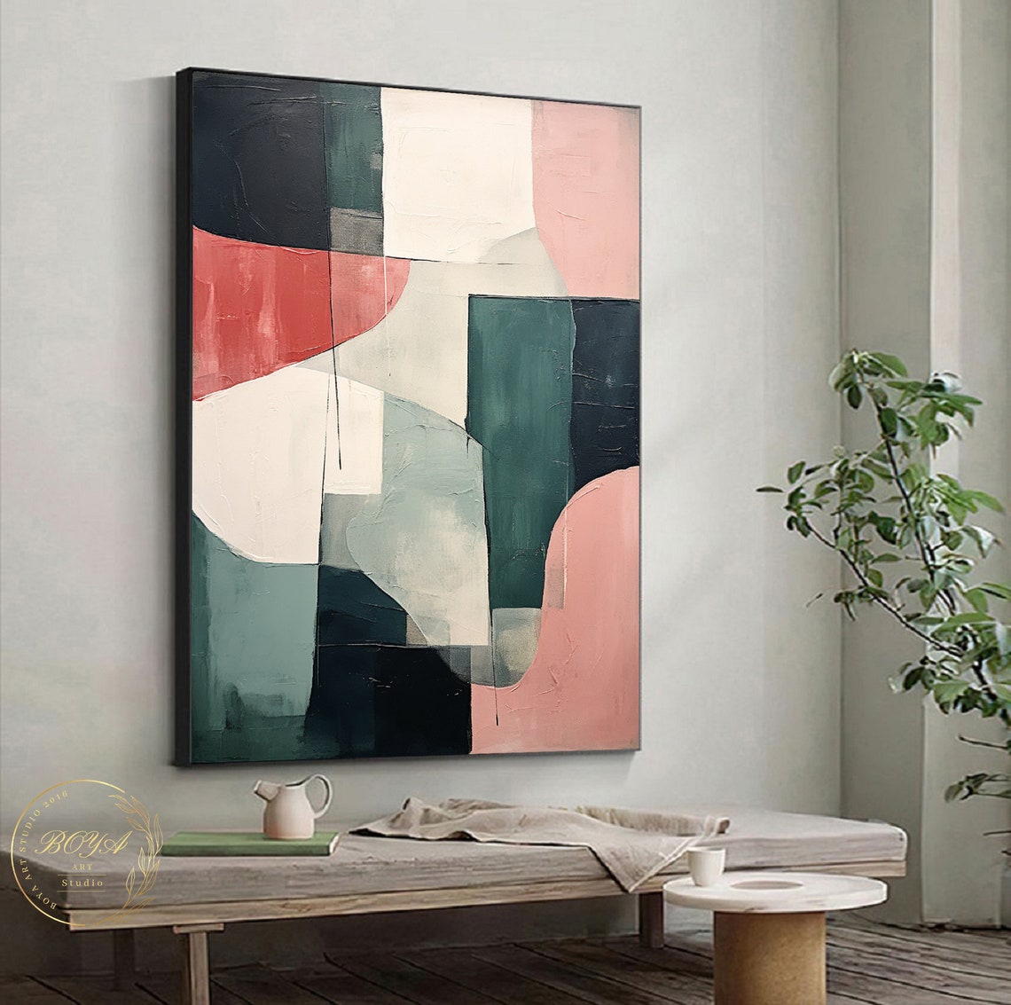 Original Emerald Green Painting Beige Abstract Painting Dark Green Wall Art Geometric Oil Painting Minimalist Wall Art Modern Pink Painting - Image 2